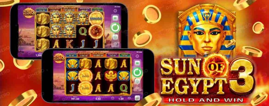 Schermata della slot Sun of Egypt 3 con simboli egiziani e sole dorato